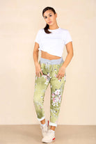 Italian Floral Print Drawstring Cotton Joggers Trousers WearAll Lime Green 8