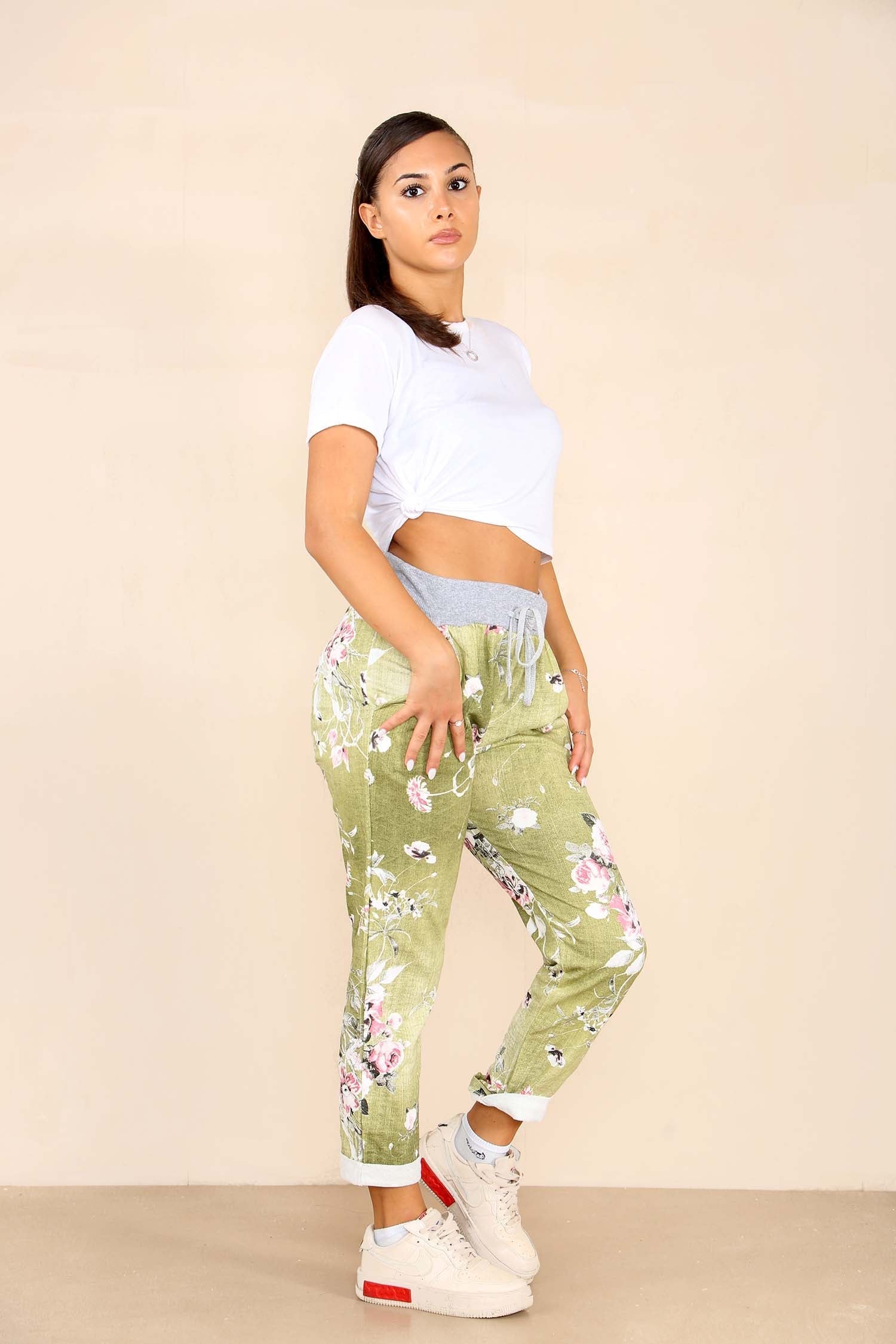 Italian Floral Print Drawstring Cotton Joggers Trousers WearAll