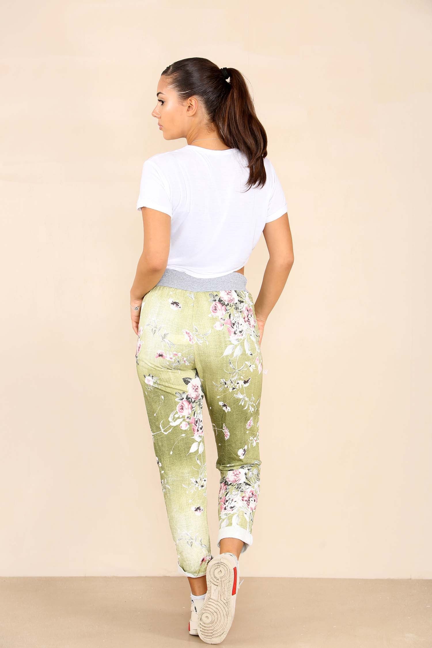 Plus Sise Italian Floral Print Drawstring Cotton Joggers Trousers WearAll