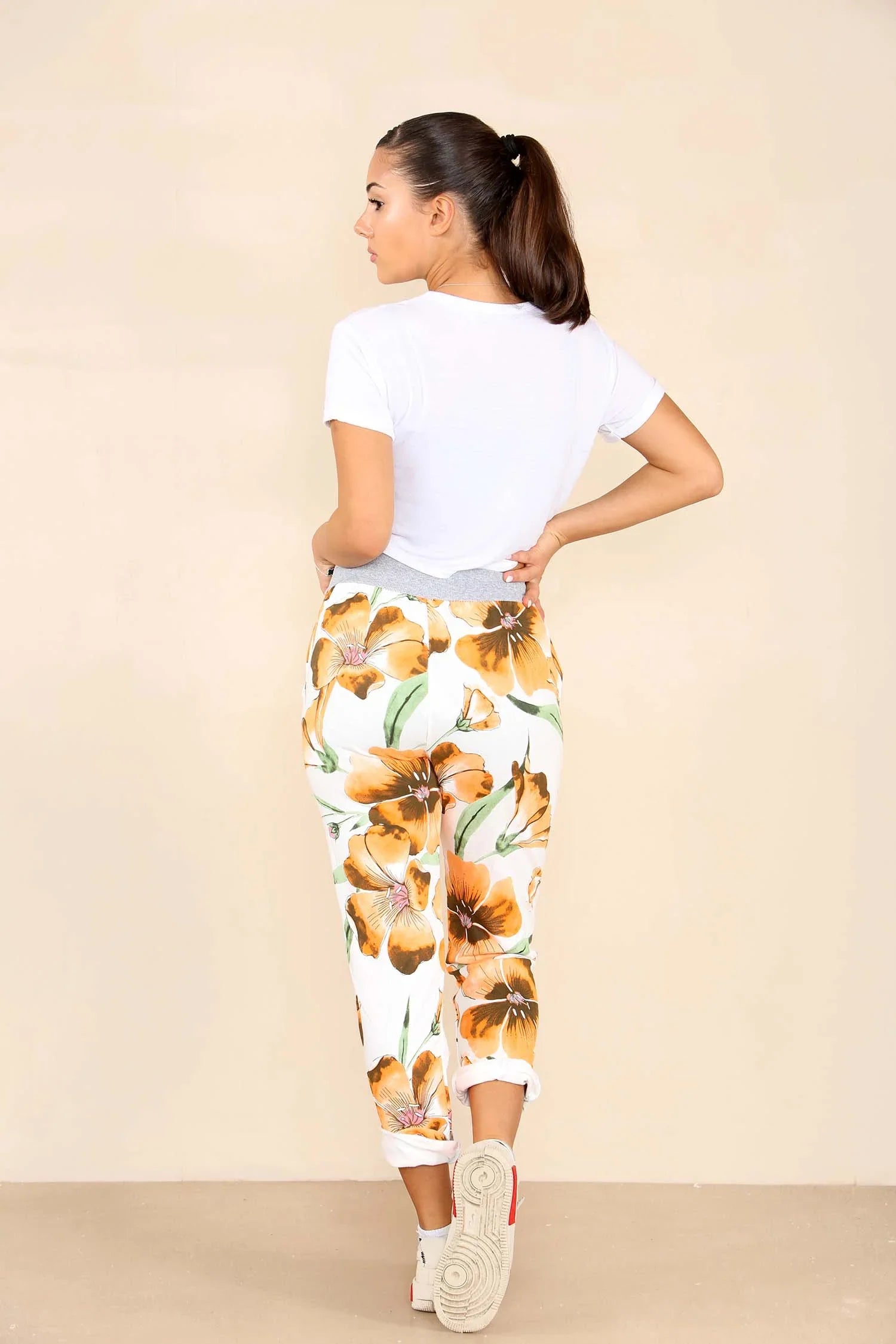 Plus Size Italian Floral Print Drawstring Cotton Joggers Trouser WearAll