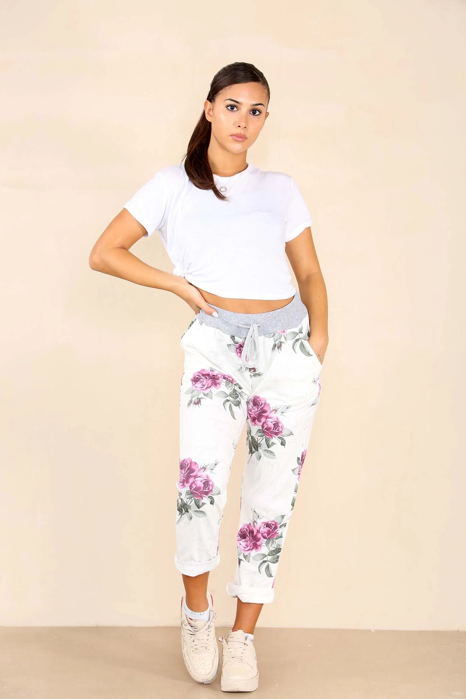 Italian Floral Print Drawstring Cotton Joggers - Pink & Blue Trouser WearAll