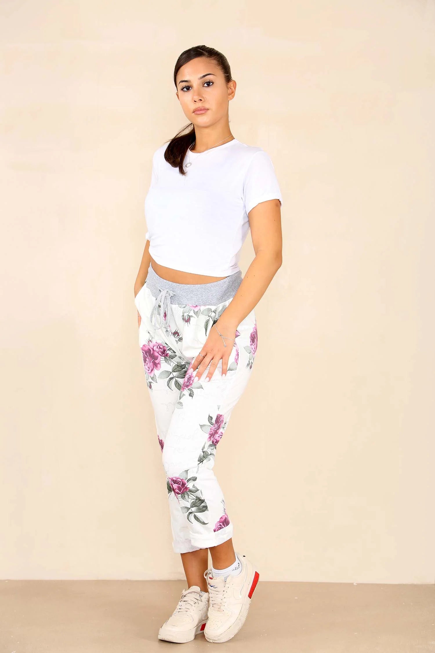 Italian Floral Print Drawstring Cotton Joggers - Pink & Blue Trouser WearAll