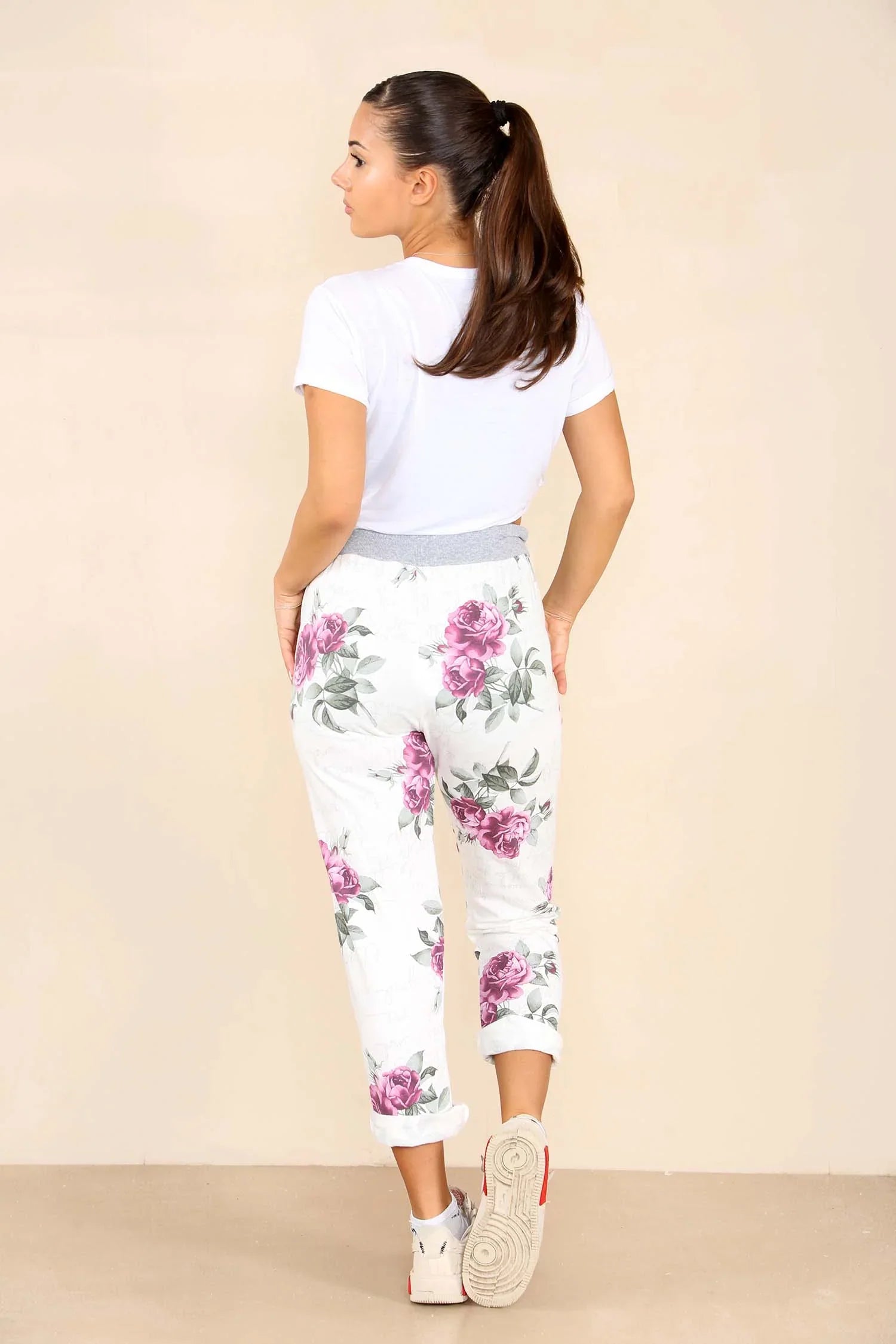 Plus Size Italian Floral Print Drawstring Cotton Joggers Trouser WearAll