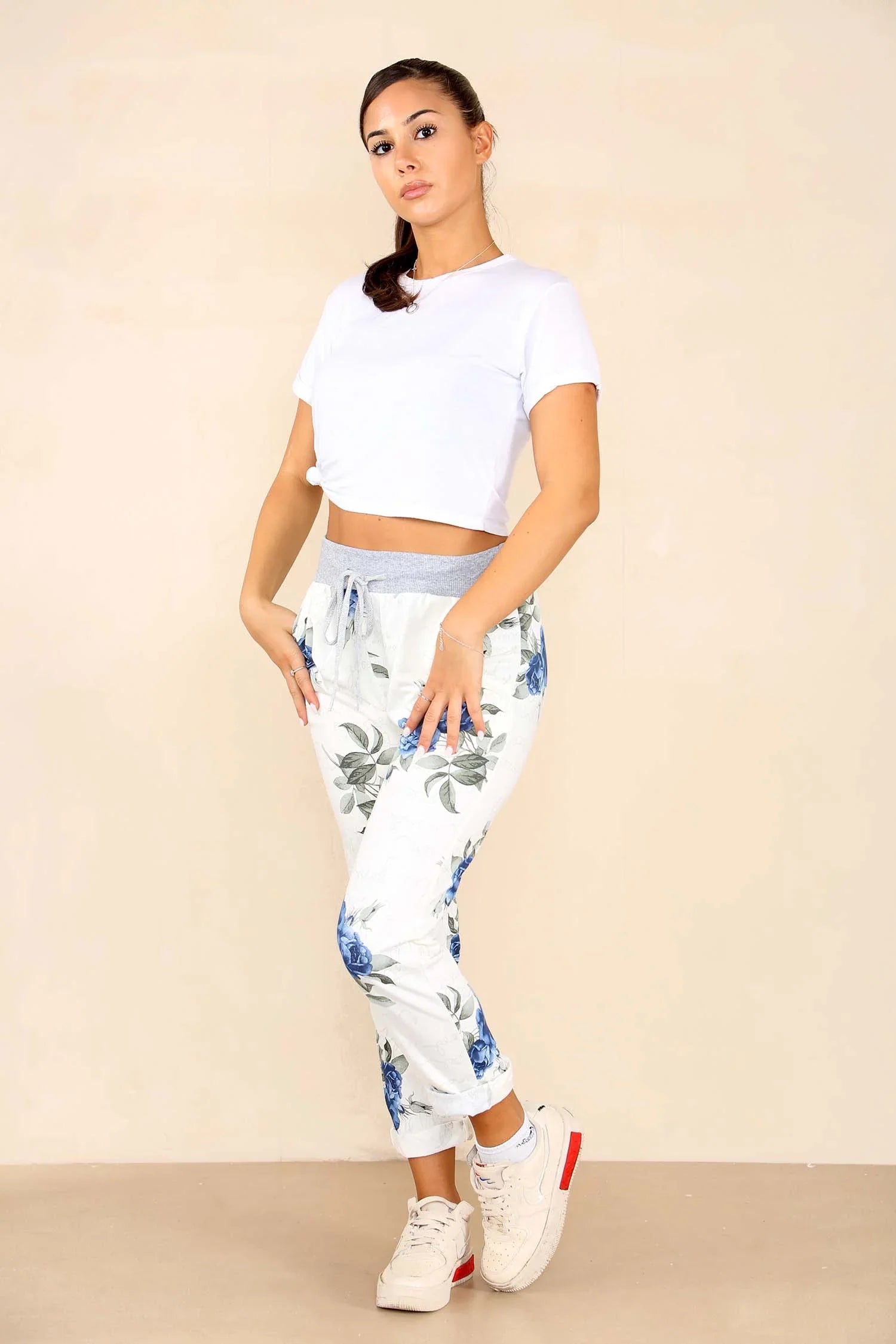 Plus Size Italian Floral Print Drawstring Cotton Joggers Trouser WearAll