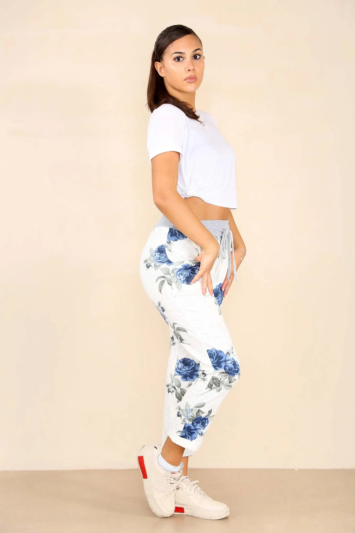 Italian Floral Print Drawstring Cotton Joggers Trouser WearAll