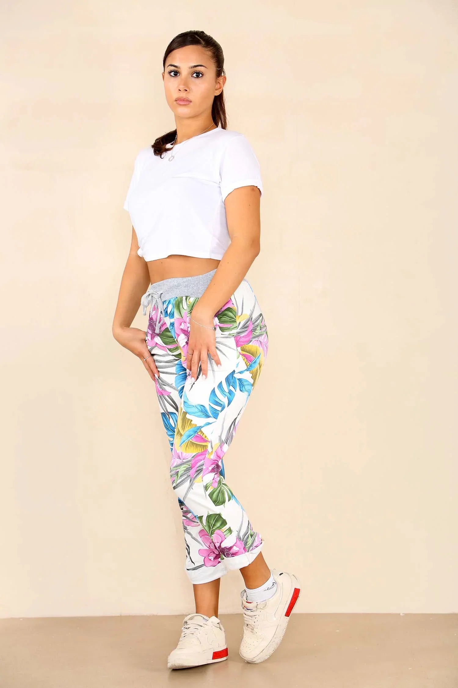 Italian Floral Print Drawstring Cotton Joggers Trouser WearAll