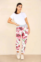 Plus Size Italian Floral Print Drawstring Cotton Joggers Trouser WearAll Hibiscus Maroon 16