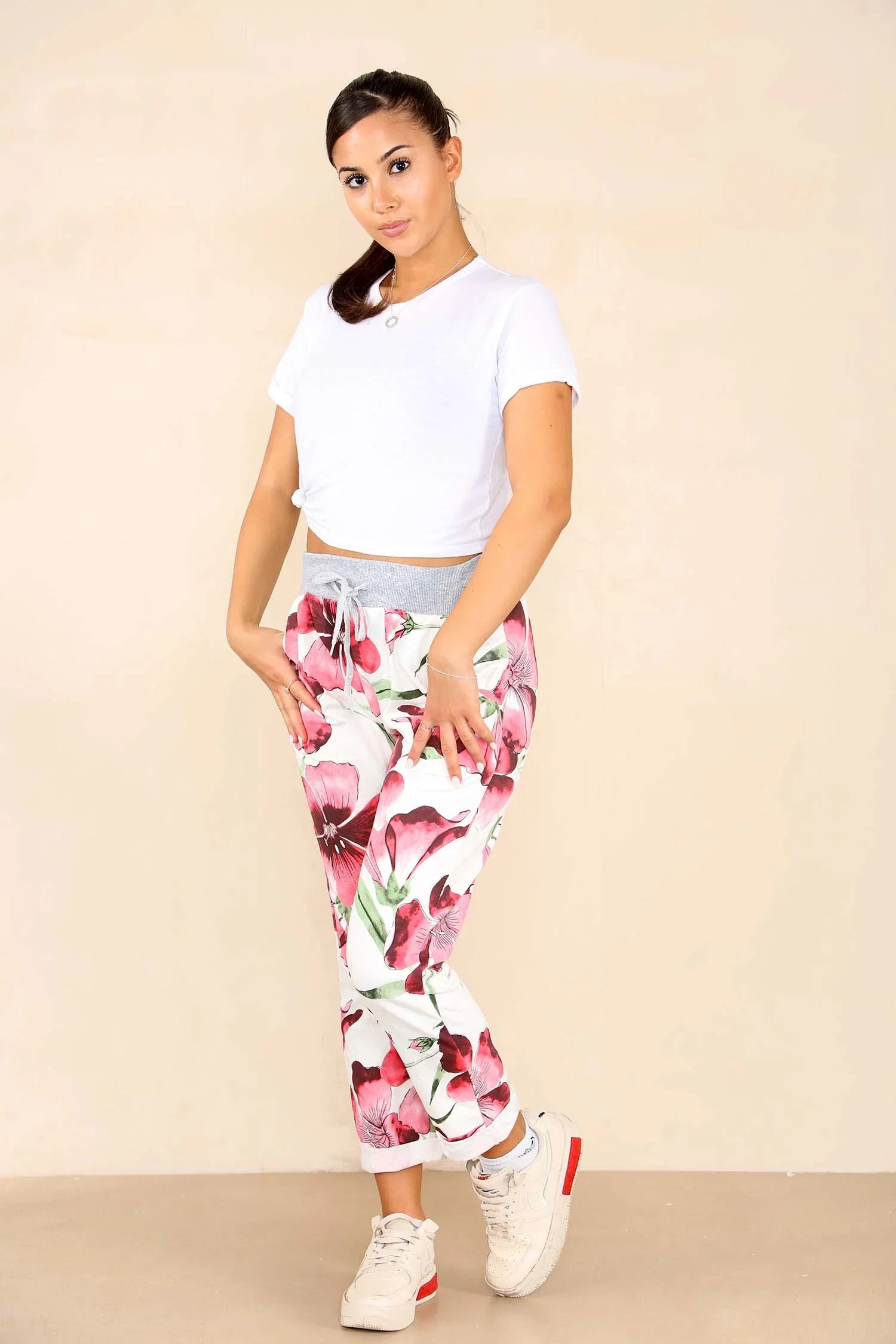 Plus Size Italian Floral Print Drawstring Cotton Joggers Trouser WearAll