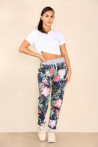 Italian Floral Print Drawstring Cotton Joggers Trousers WearAll