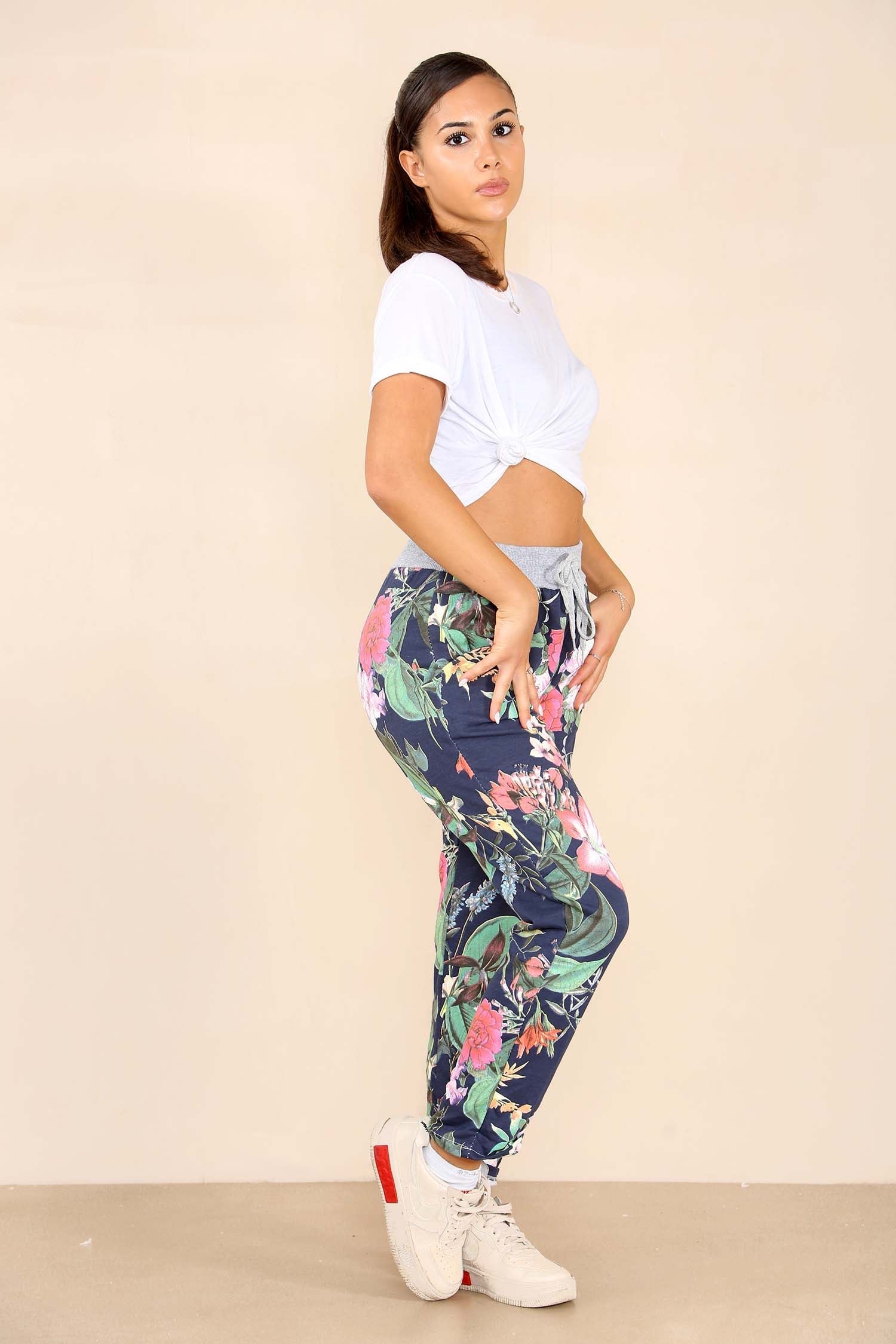 Italian Floral Print Drawstring Cotton Joggers Trousers WearAll