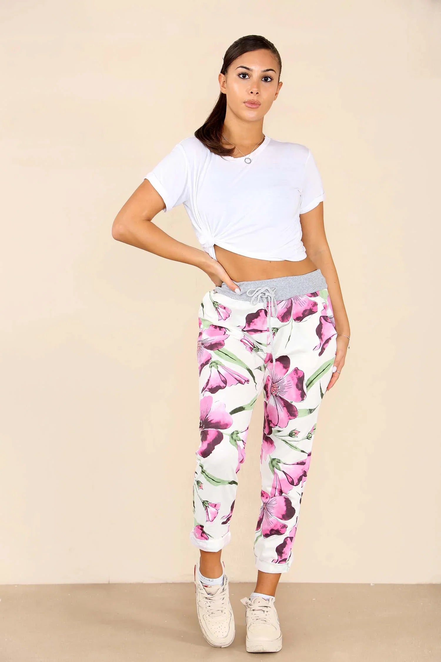 Italian Floral Print Drawstring Cotton Joggers Trouser WearAll Hibiscus Falsa 8