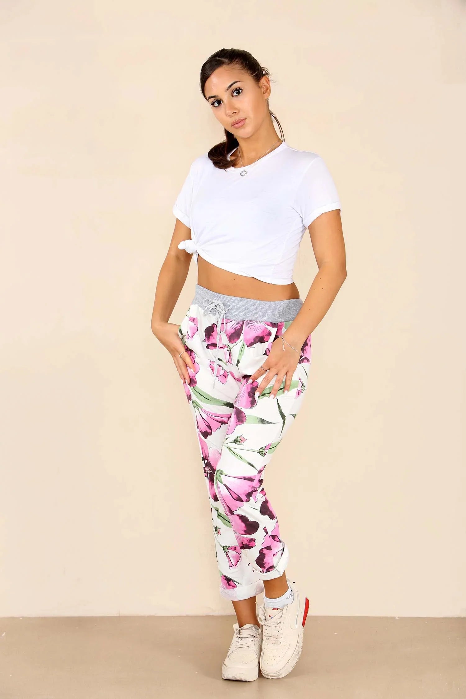 Plus Size Italian Floral Print Drawstring Cotton Joggers Trouser WearAll