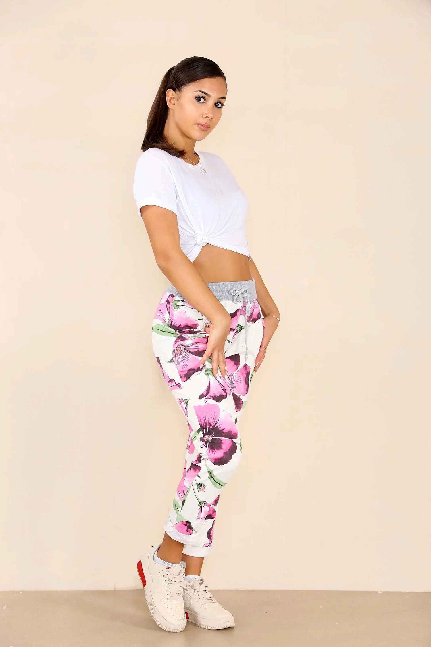 Plus Size Italian Floral Print Drawstring Cotton Joggers Trouser WearAll