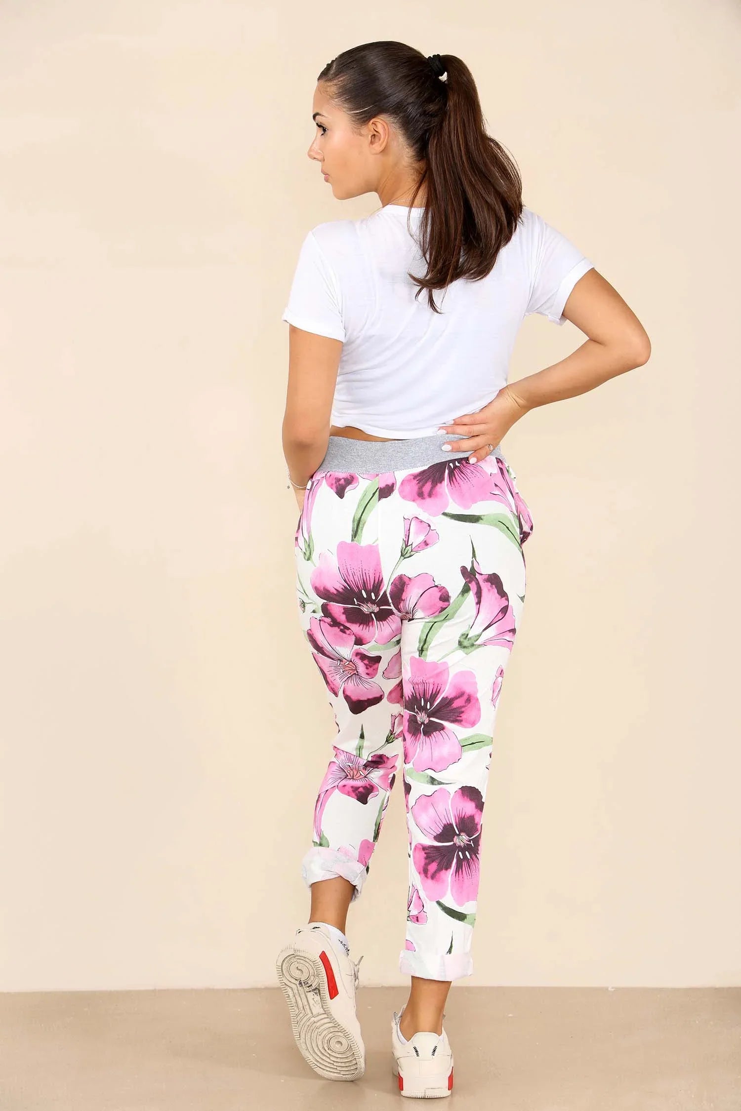 Plus Size Italian Floral Print Drawstring Cotton Joggers Trouser WearAll