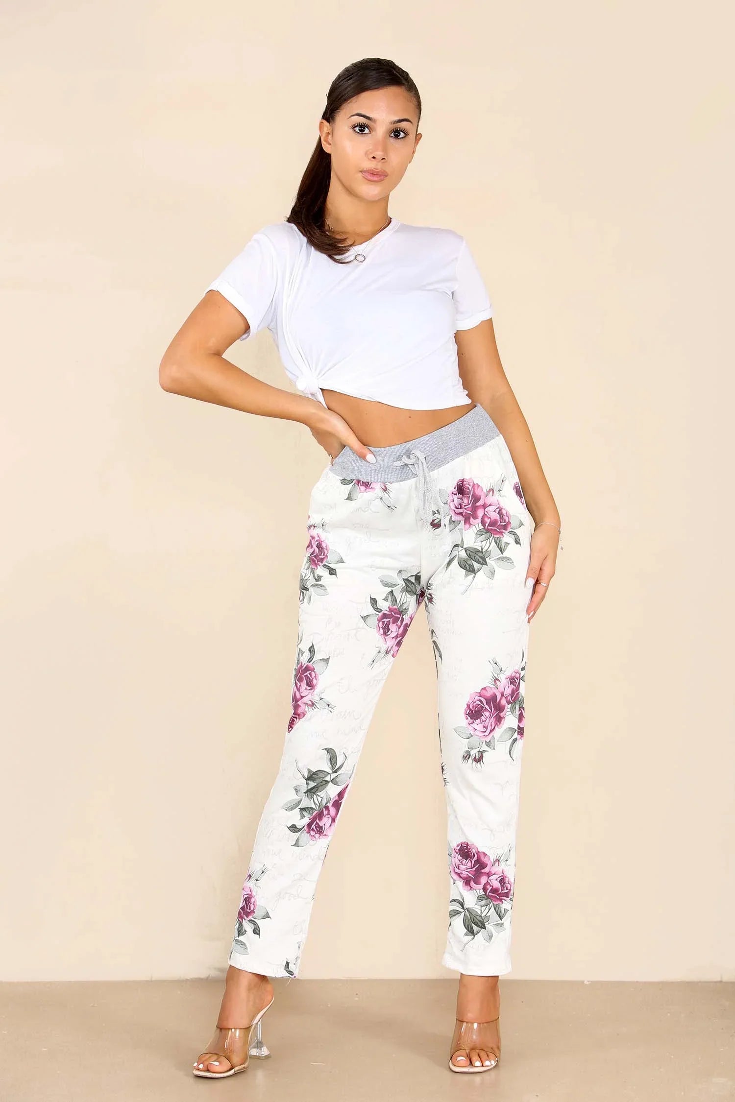 Plus Size Italian Floral Print Drawstring Cotton Joggers Trouser WearAll Pink 16