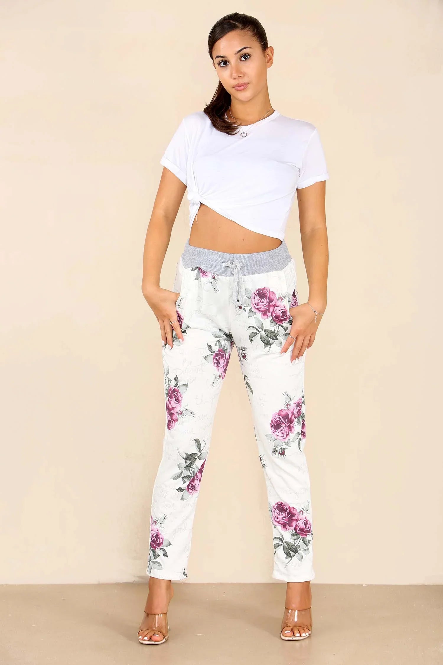 Italian Floral Print Drawstring Cotton Joggers Trouser WearAll