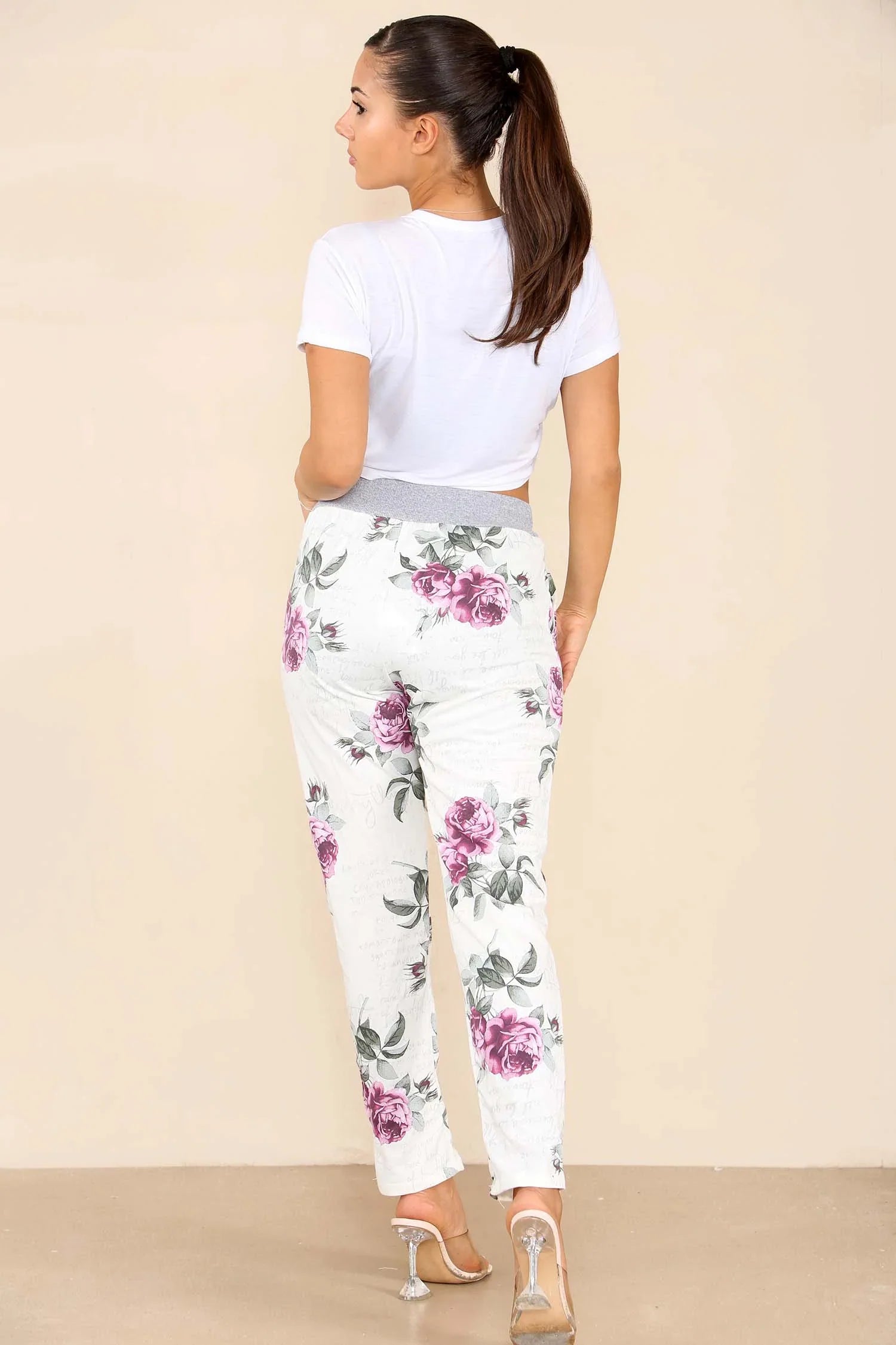 Plus Size Italian Floral Print Drawstring Cotton Joggers Trouser WearAll