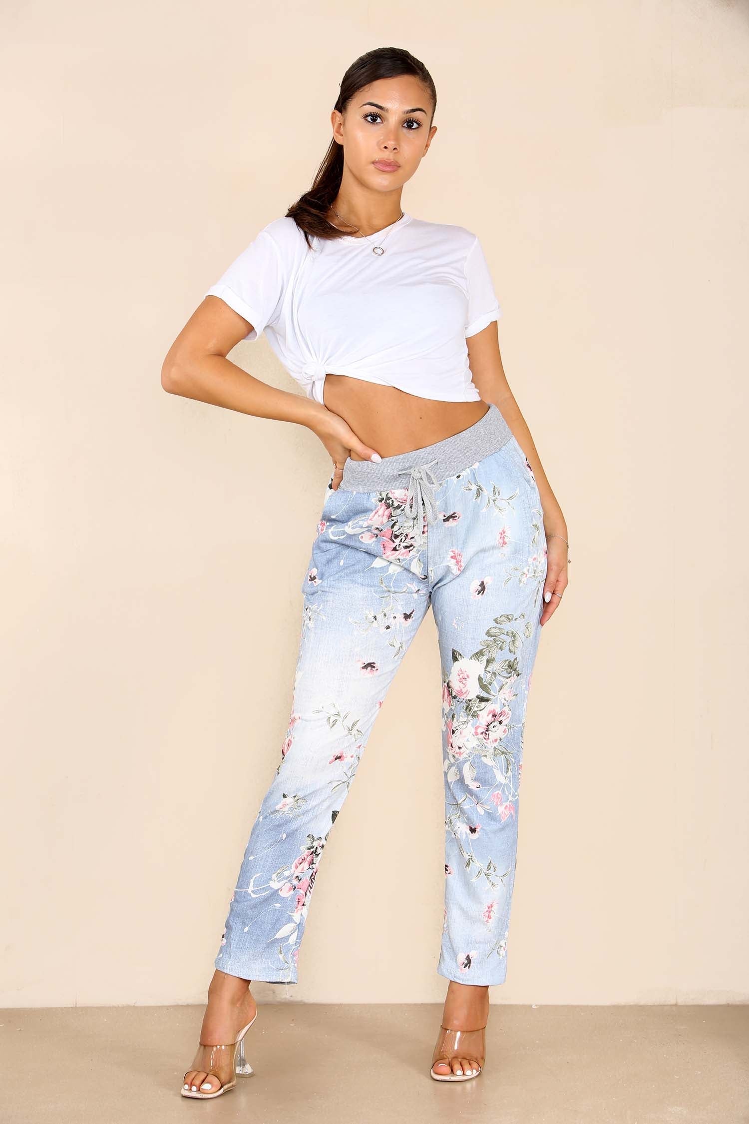 Plus Sise Italian Floral Print Drawstring Cotton Joggers Trousers WearAll Light Blue 16