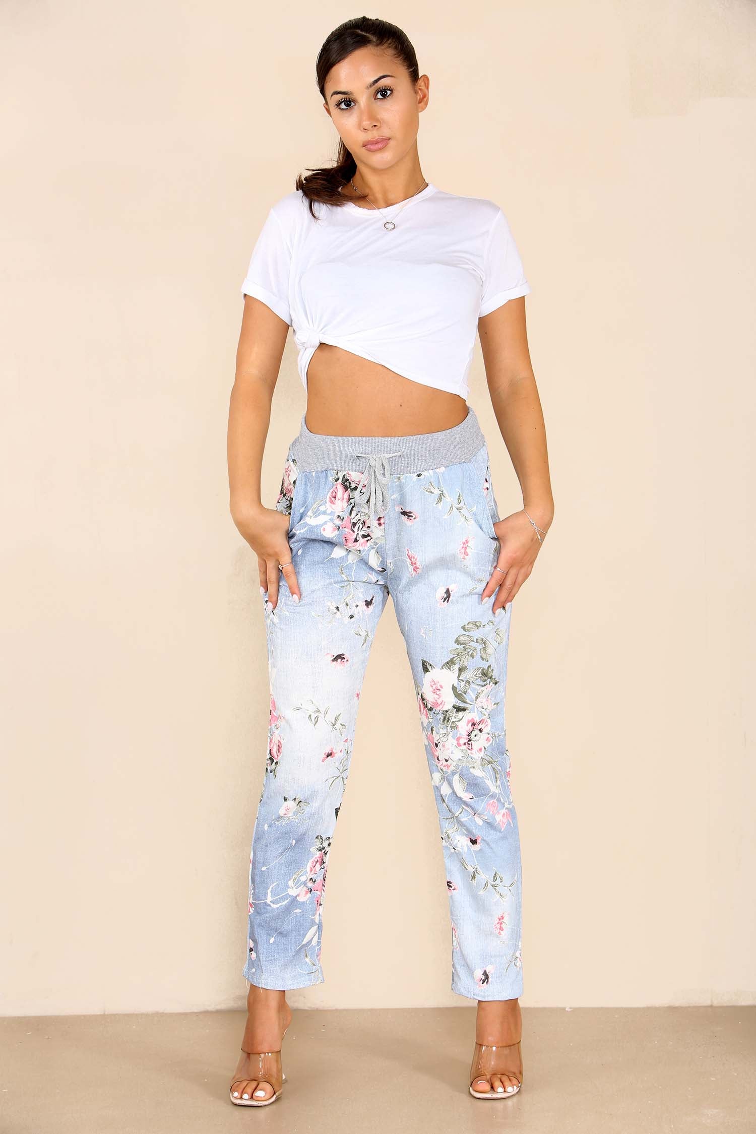 Italian Floral Print Drawstring Cotton Joggers Trousers WearAll