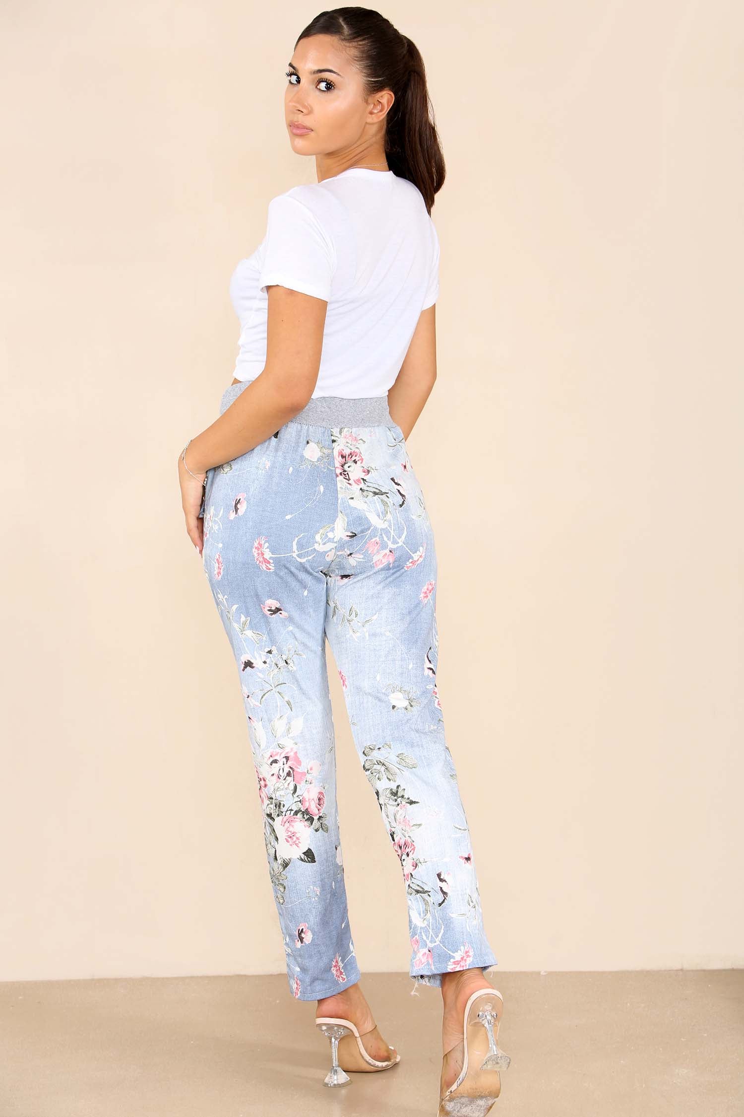 Plus Sise Italian Floral Print Drawstring Cotton Joggers Trousers WearAll