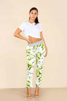 Plus Size Italian Floral Print Drawstring Cotton Joggers Trouser WearAll Hibiscus Lime 16