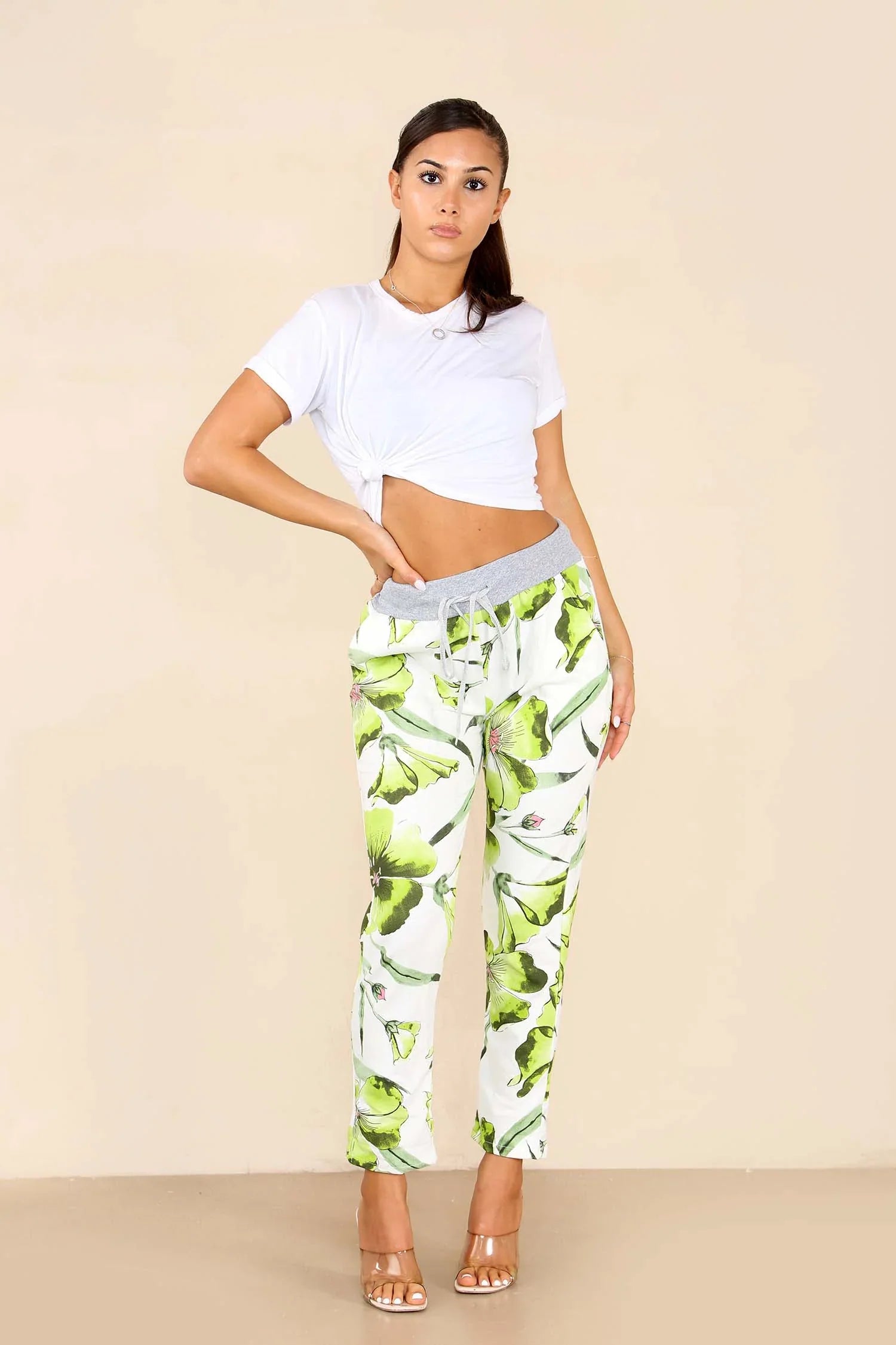 Plus Size Italian Floral Print Drawstring Cotton Joggers Trouser WearAll Hibiscus Lime 16