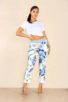 Plus Size Italian Floral Print Drawstring Cotton Joggers Trouser WearAll Hibiscus Blue 16