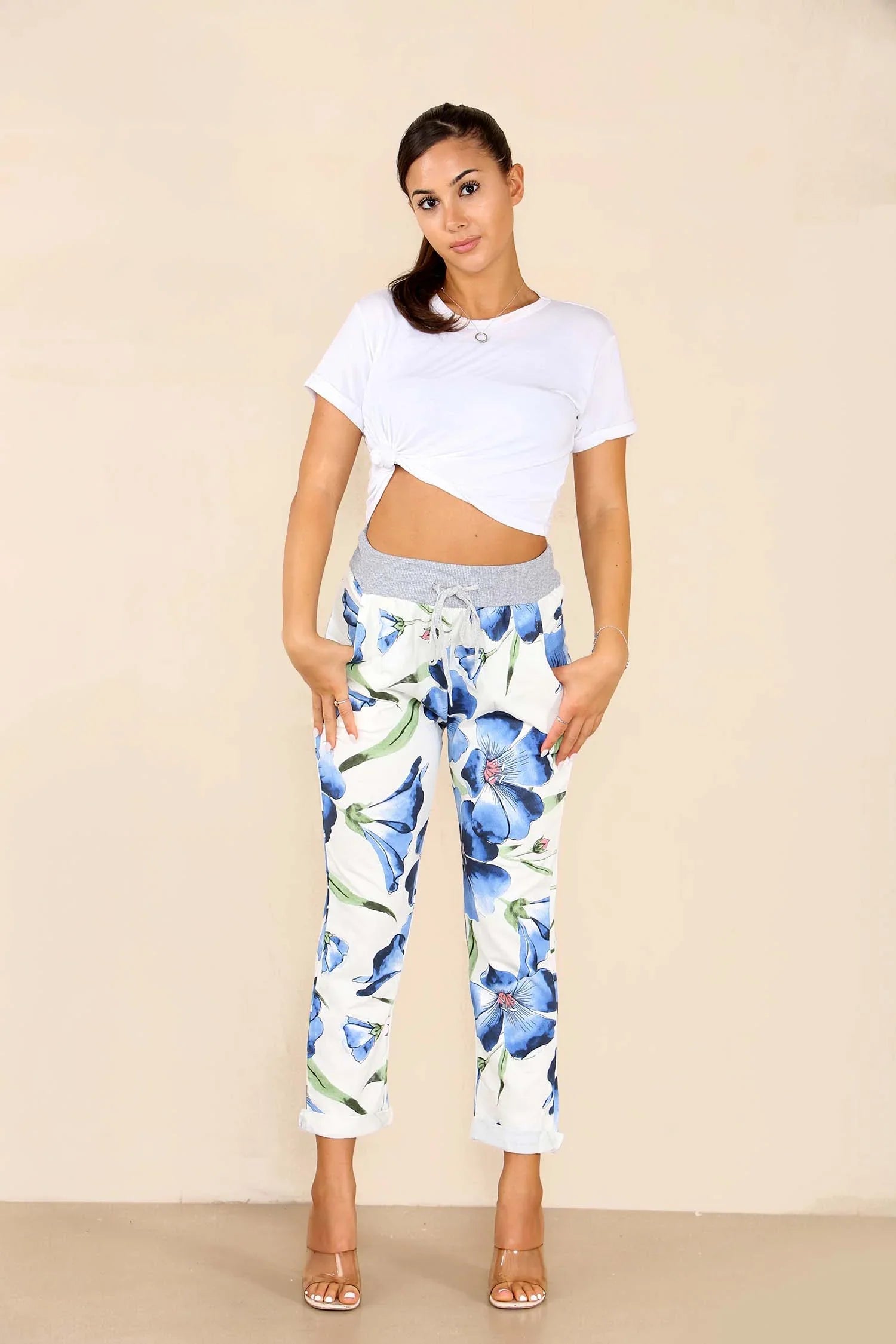 Plus Size Italian Floral Print Drawstring Cotton Joggers Trouser WearAll