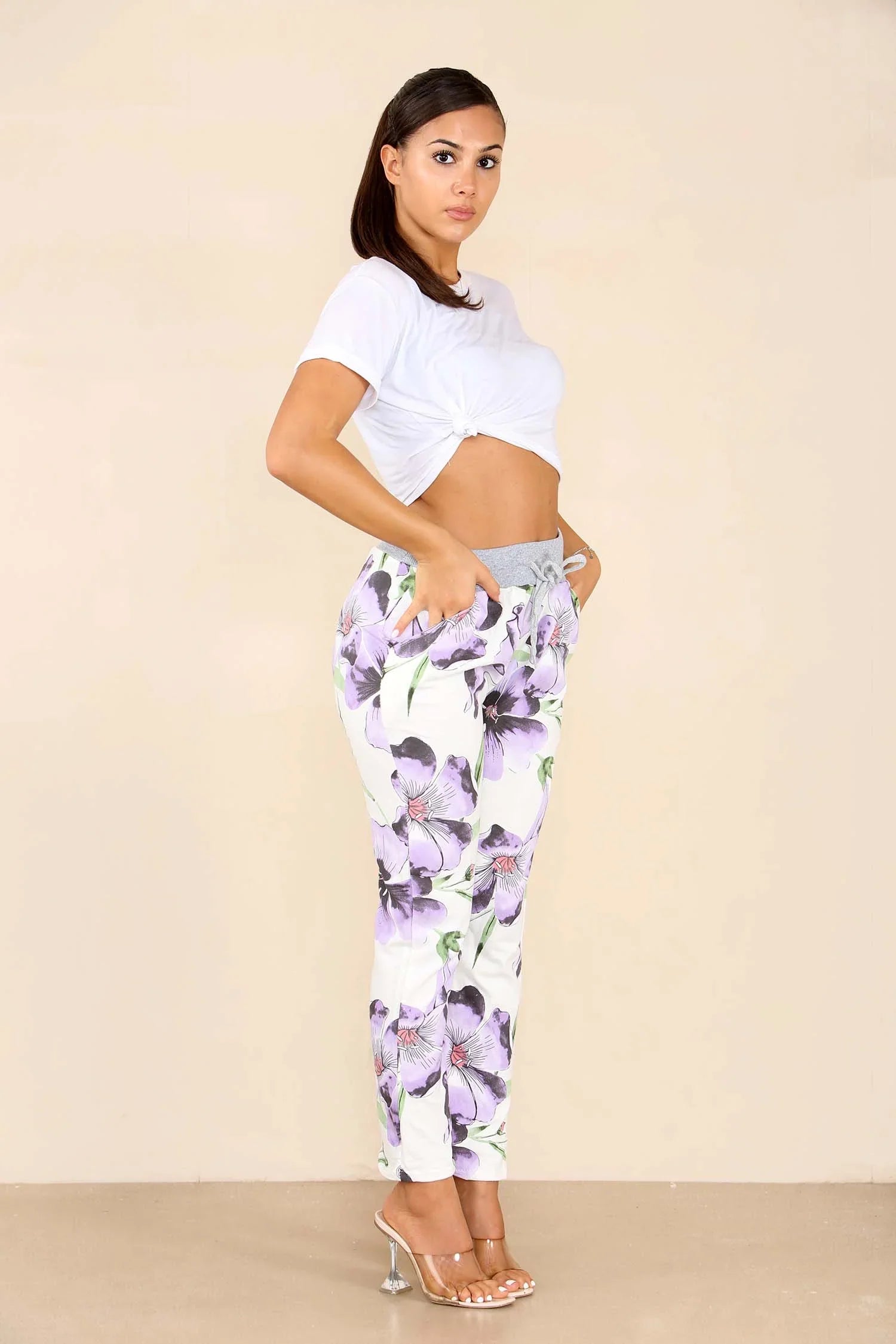 Plus Size Italian Floral Print Drawstring Cotton Joggers Trouser WearAll