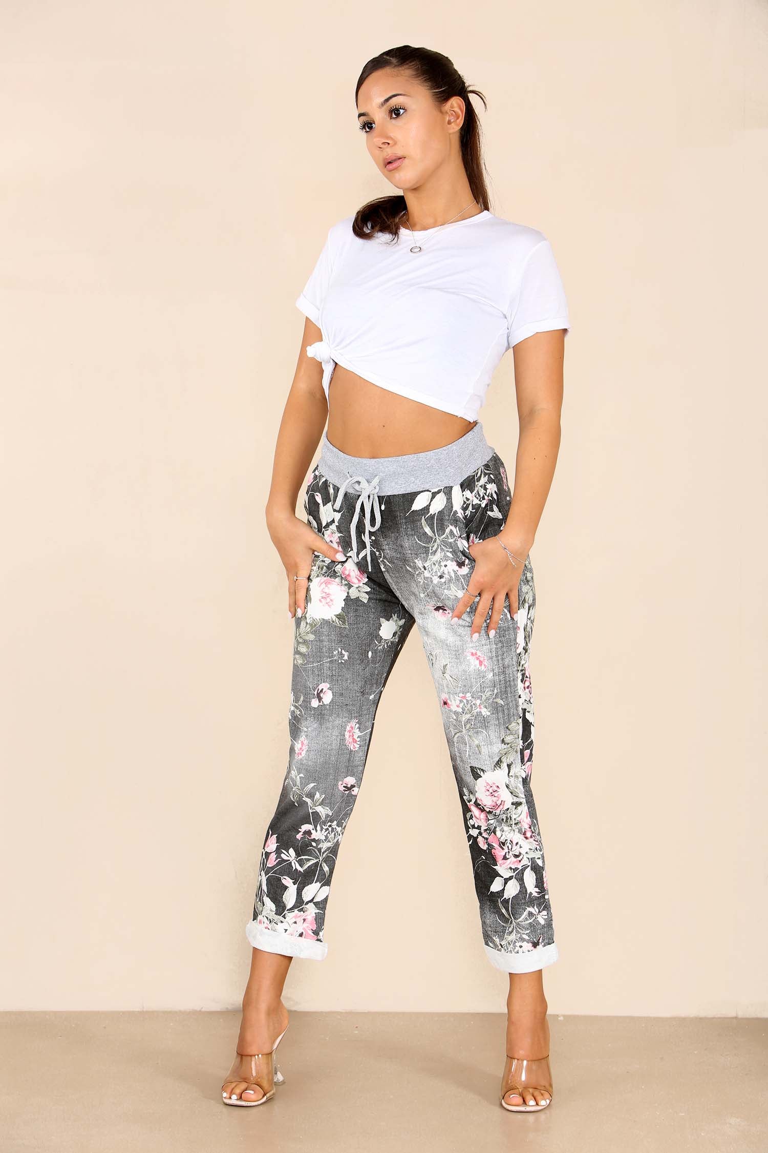 Italian Floral Print Drawstring Cotton Joggers Trousers WearAll