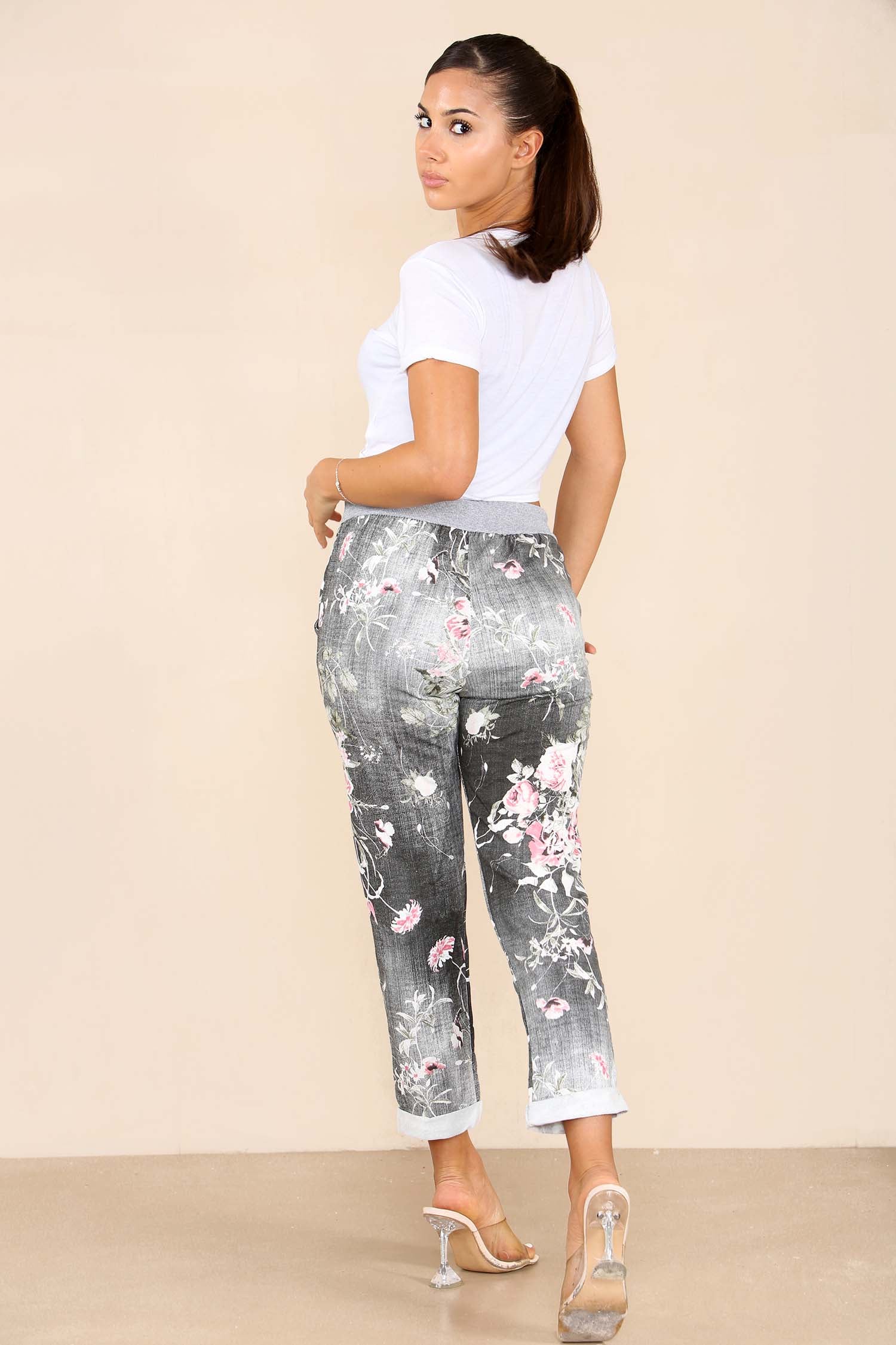 Italian Floral Print Drawstring Cotton Joggers Trousers WearAll