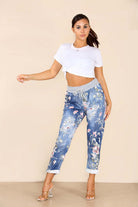 Plus Sise Italian Floral Print Drawstring Cotton Joggers Trousers WearAll Blue 16