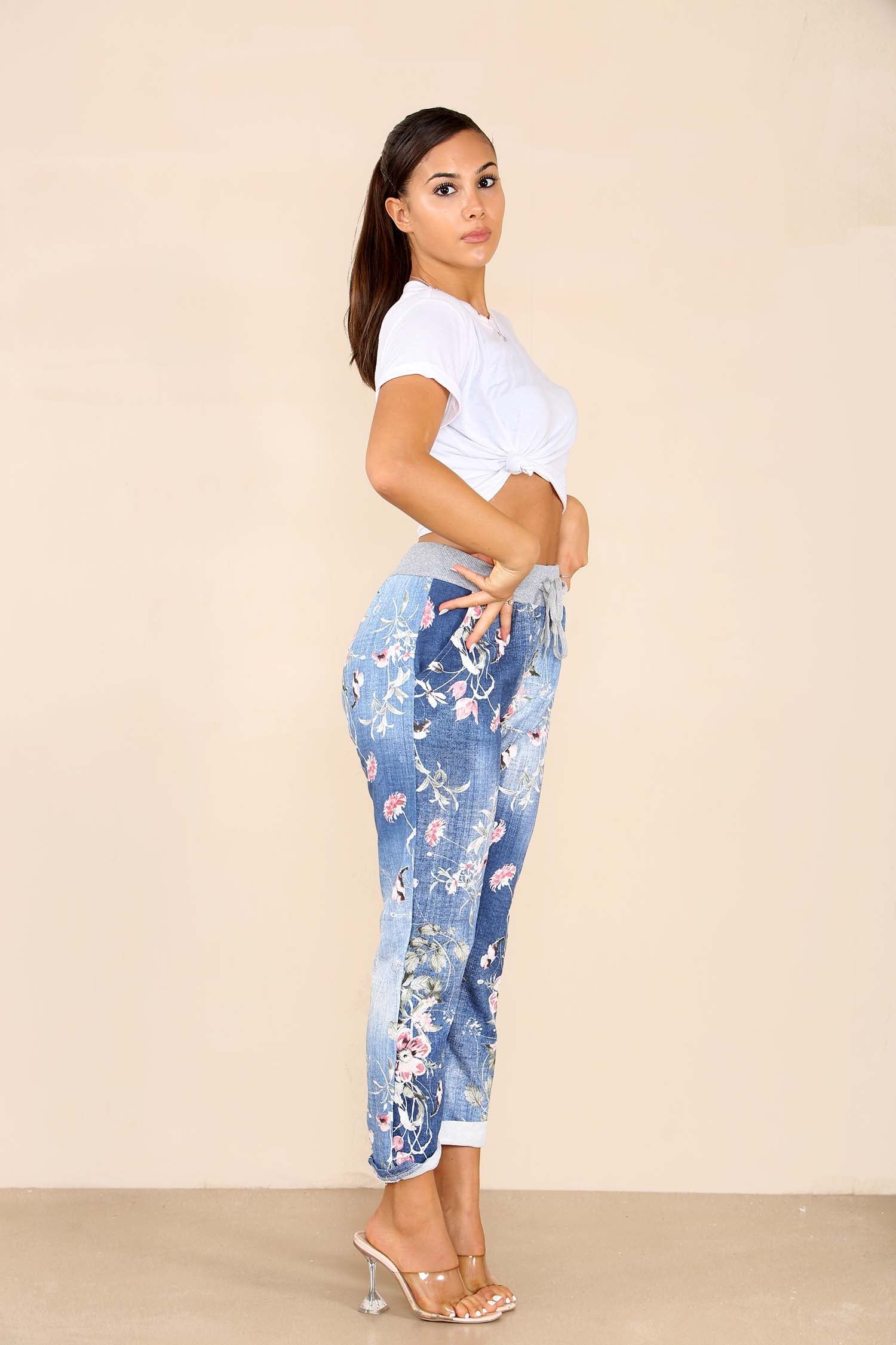 Plus Sise Italian Floral Print Drawstring Cotton Joggers Trousers WearAll