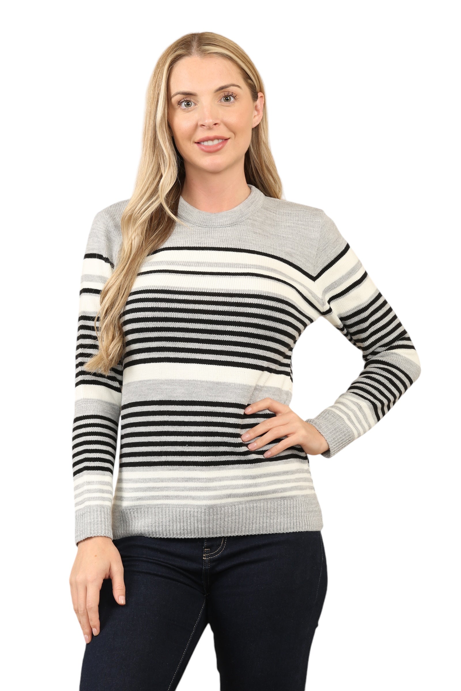 Jacquard Knitted Jumper Striped Sweater Top Jumper WearAll Silver Grey S/M