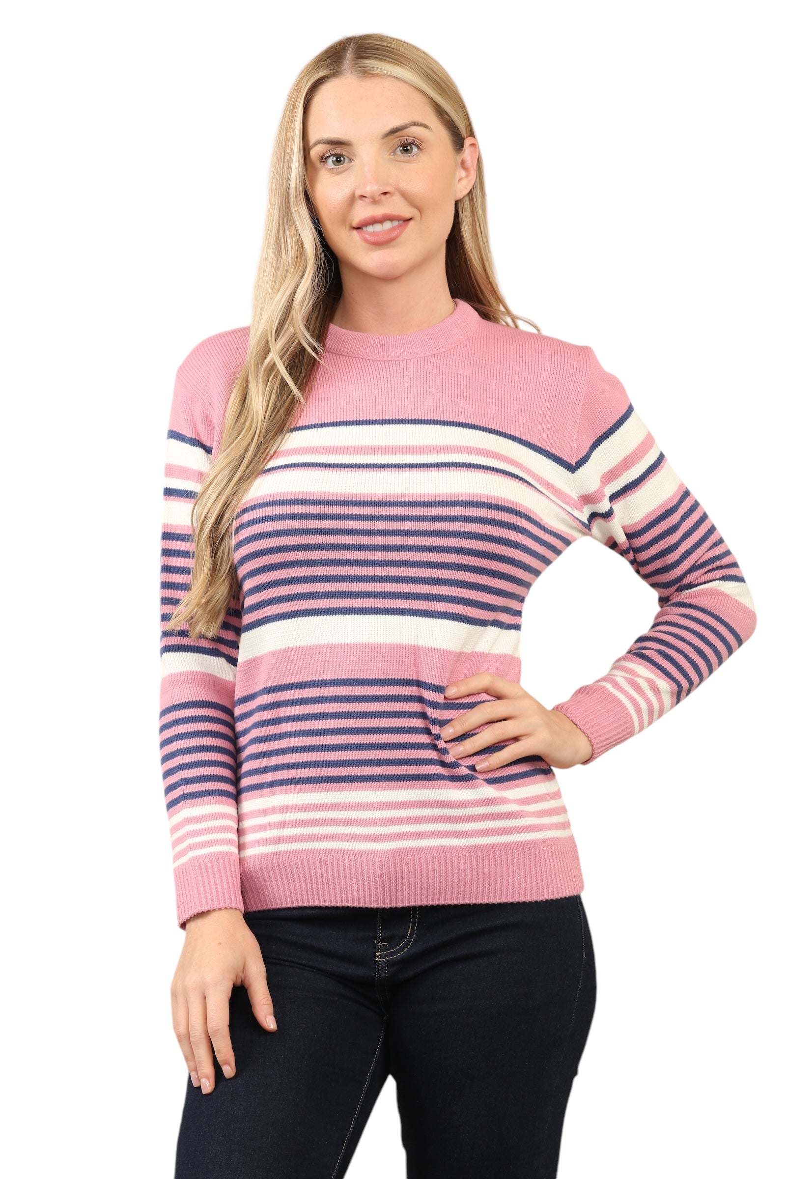 Jacquard Knitted Jumper Striped Sweater Top Jumper WearAll Pink S/M