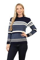 Jacquard Knitted Jumper Striped Sweater Top Jumper WearAll Navy S/M