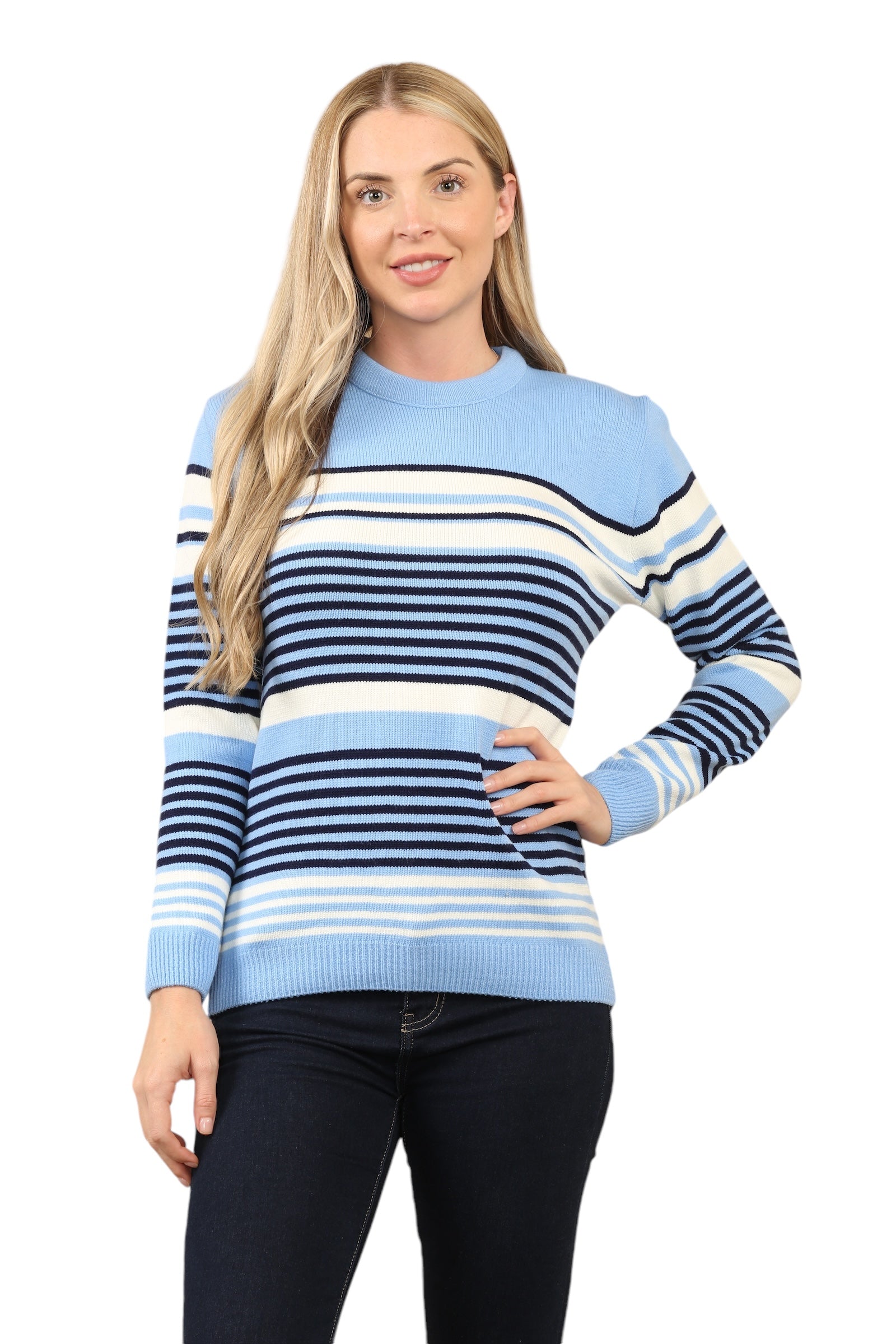 Jacquard Knitted Jumper Striped Sweater Top Jumper WearAll Sky Blue S/M