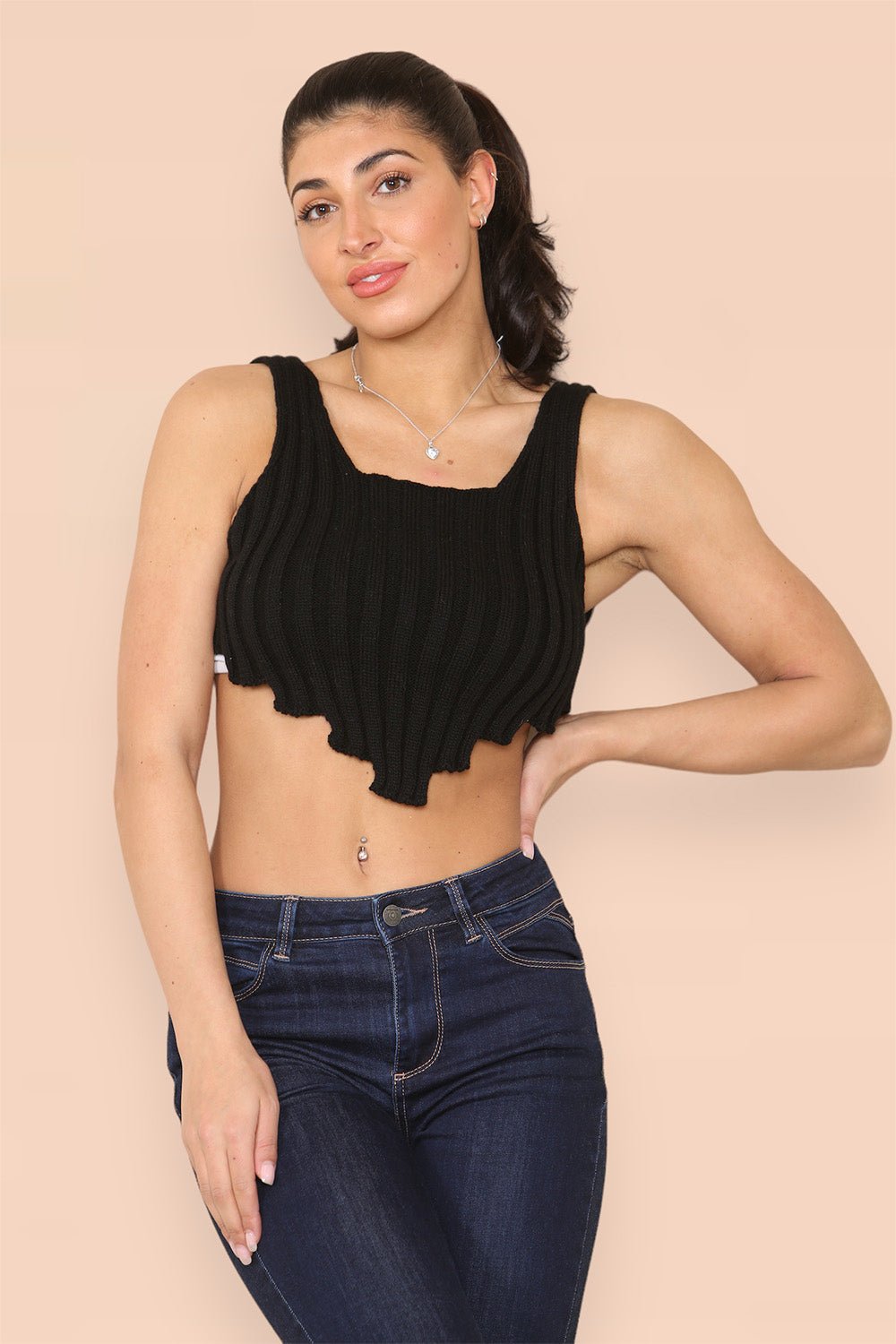 Asymmetric Imogen Hem Knitted Vest Crop Top Top & Bodysuit WearAll Black One Size (8-14)