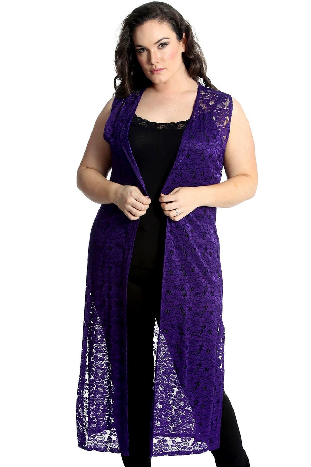 Floral Lace Open Top Cardigan Tops WearAll Purple 14