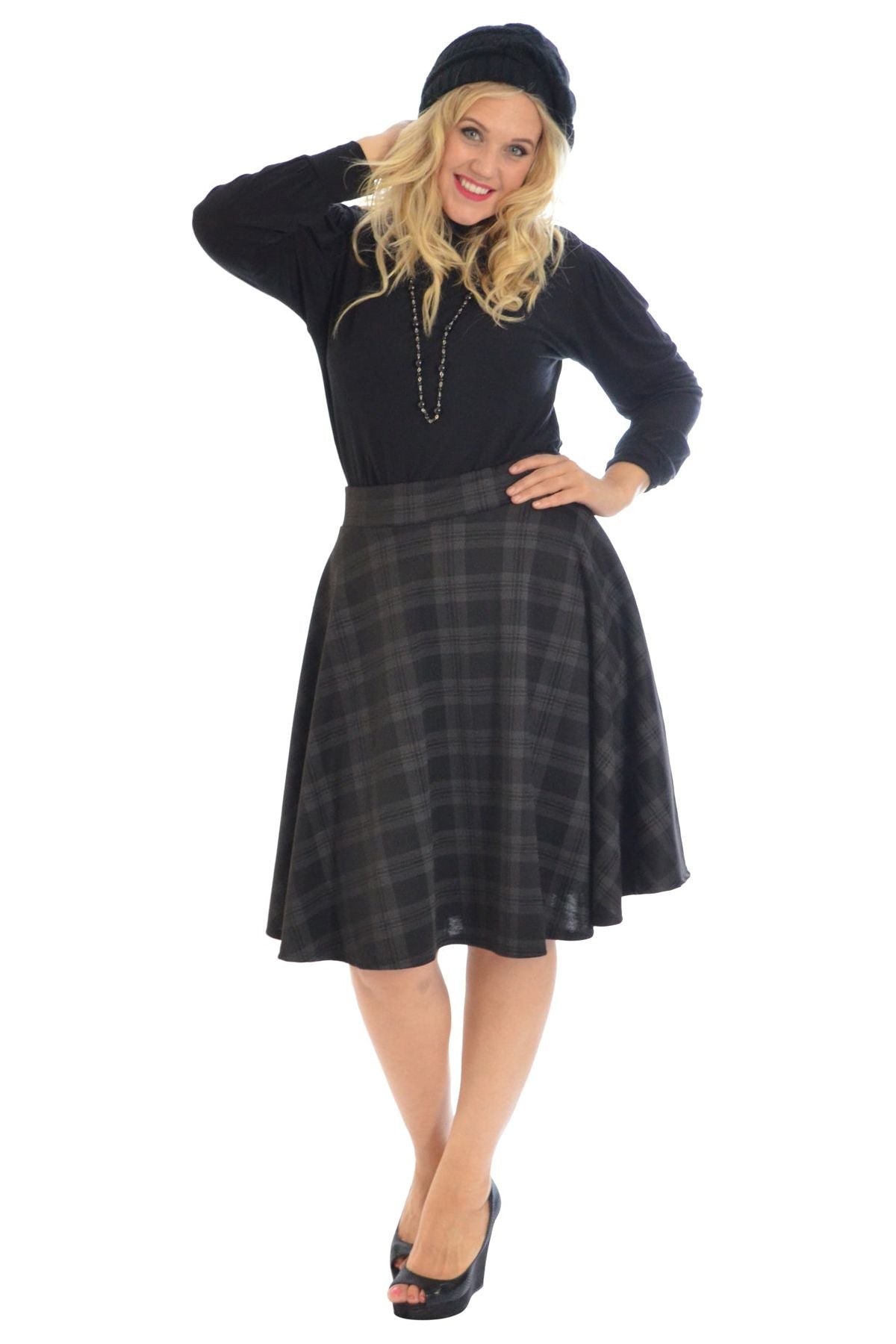 Tartan Flared Elastic Waist Skater Skirt Skirt WearAll Charcoal 22-24