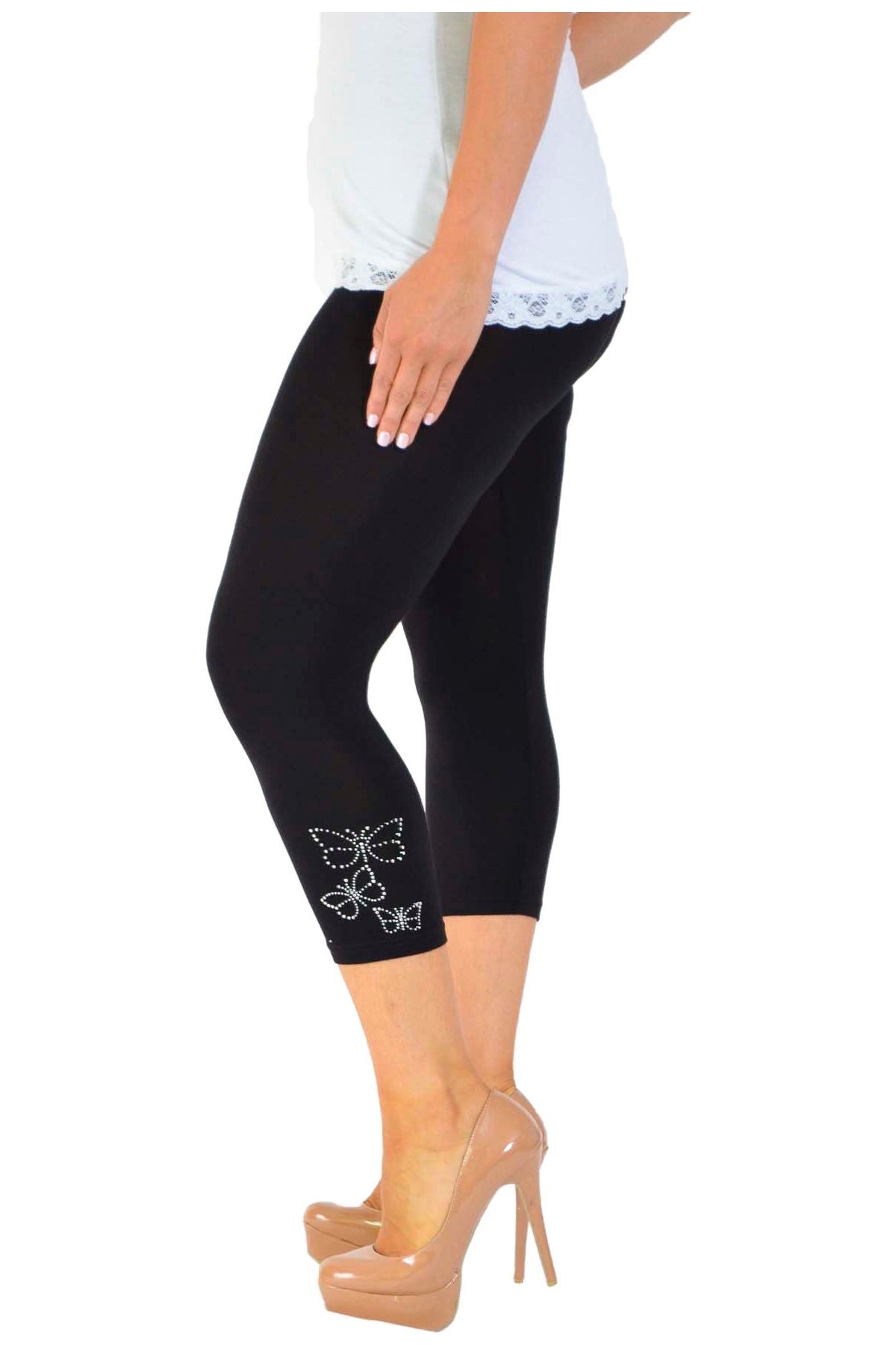 Plus Size 3/4 Butterfly Sequin Leggings Leggings WearAll Black 16-18