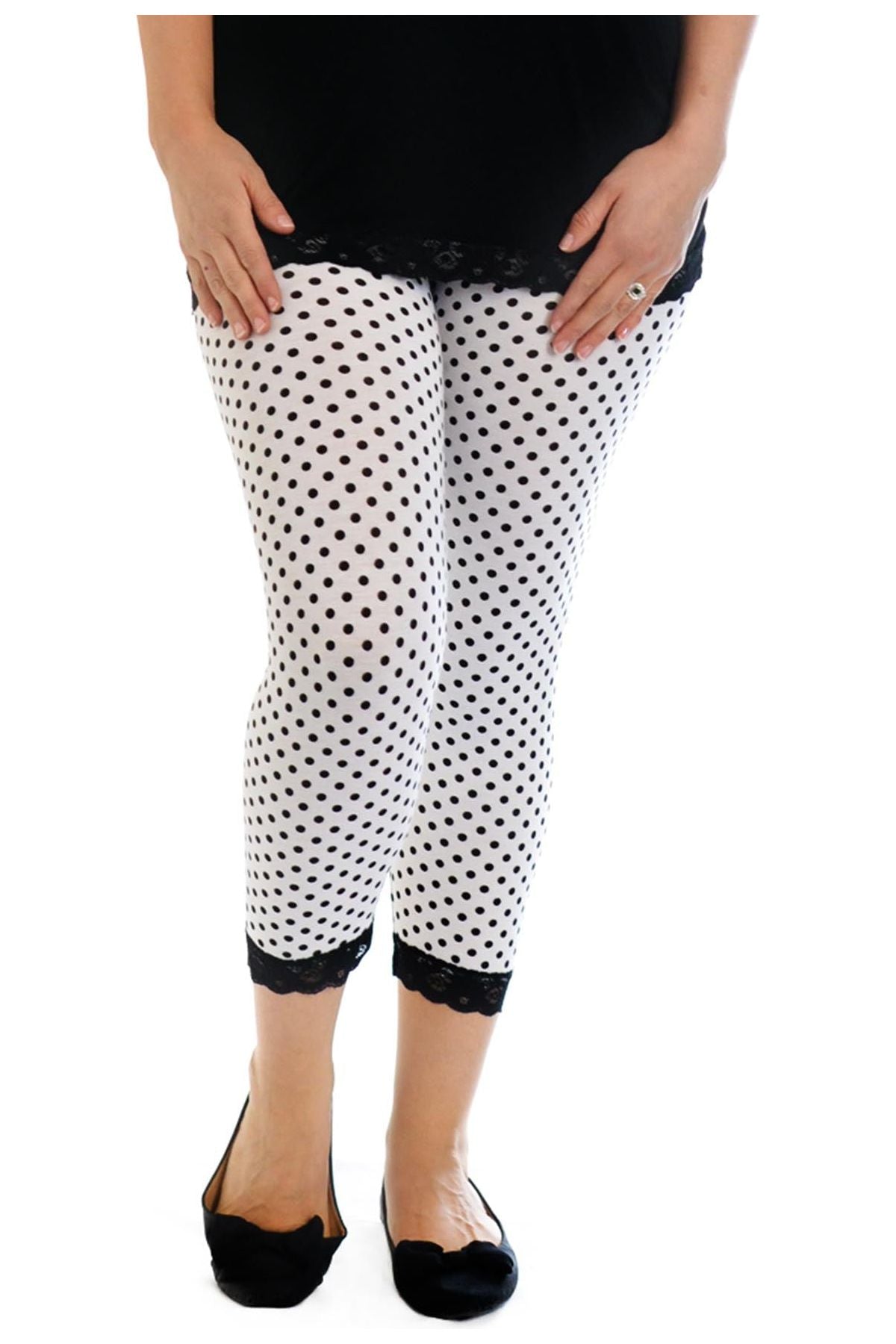 Plus Size Cropped Polka Dot Lace Trim Leggings Leggings WearAll