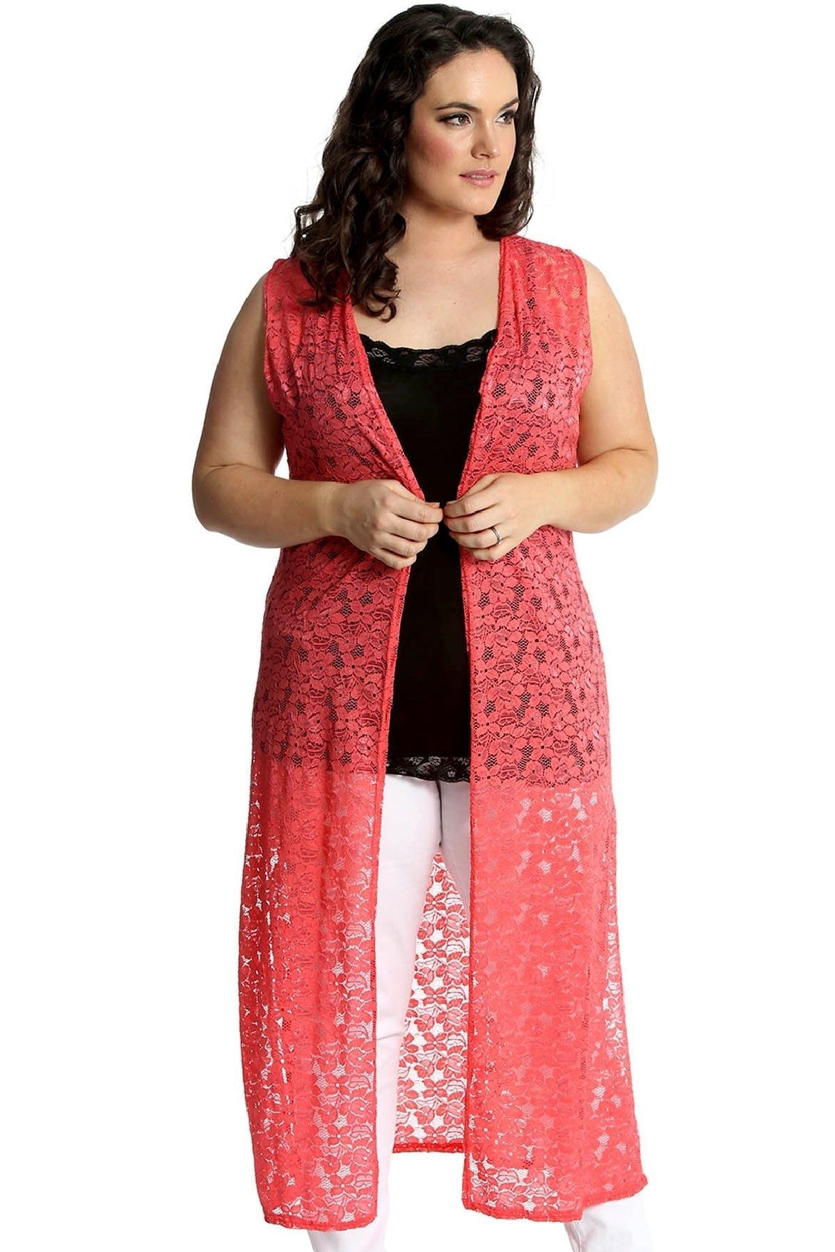 Floral Lace Open Top Cardigan Tops WearAll Coral 14