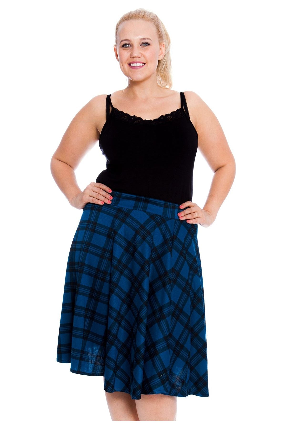 Tartan Flared Elastic Waist Skater Skirt Skirt WearAll Teal 14