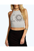 Sun Moon Print Halter Neck Crop Vest Top BraTop WearAll Light Grey 8-10