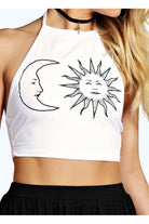 Sun Moon Print Halter Neck Crop Vest Top BraTop WearAll White 8-10