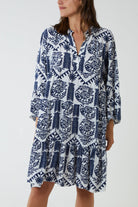 Tiered Baroque Floral Smock Print Dress DMF2 WearAll Navy One Size