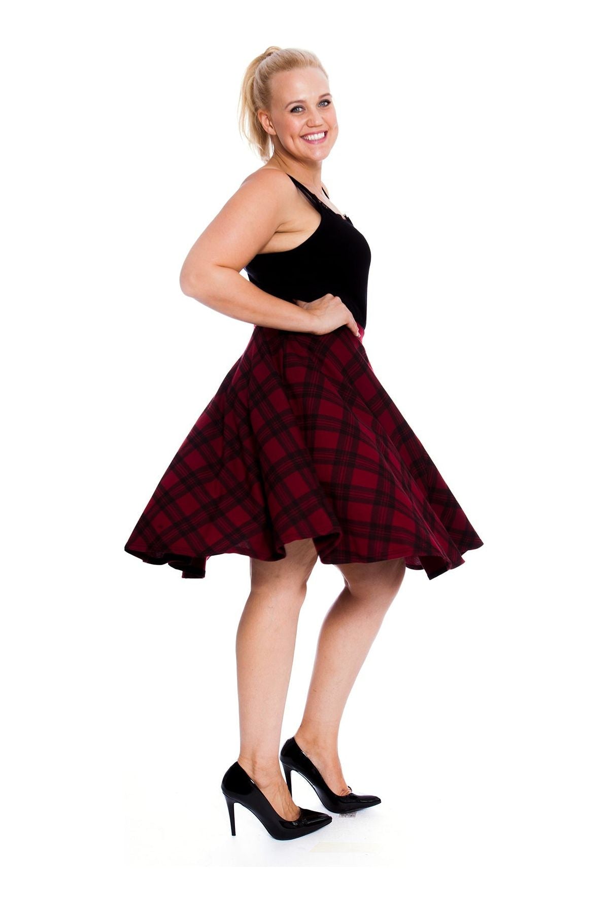 Tartan Flared Elastic Waist Skater Skirt Skirt WearAll