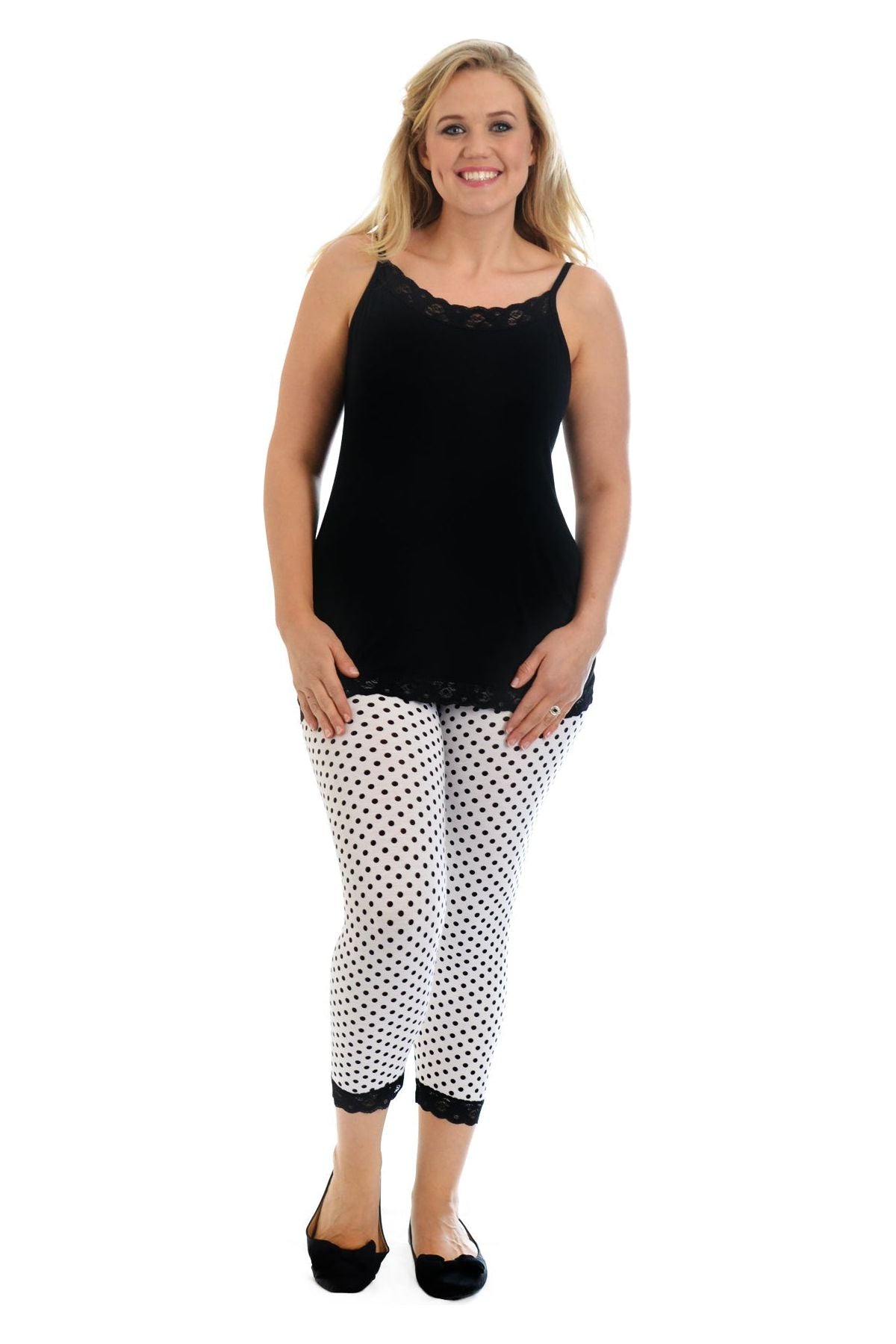 Plus Size Cropped Polka Dot Lace Trim Leggings Leggings WearAll