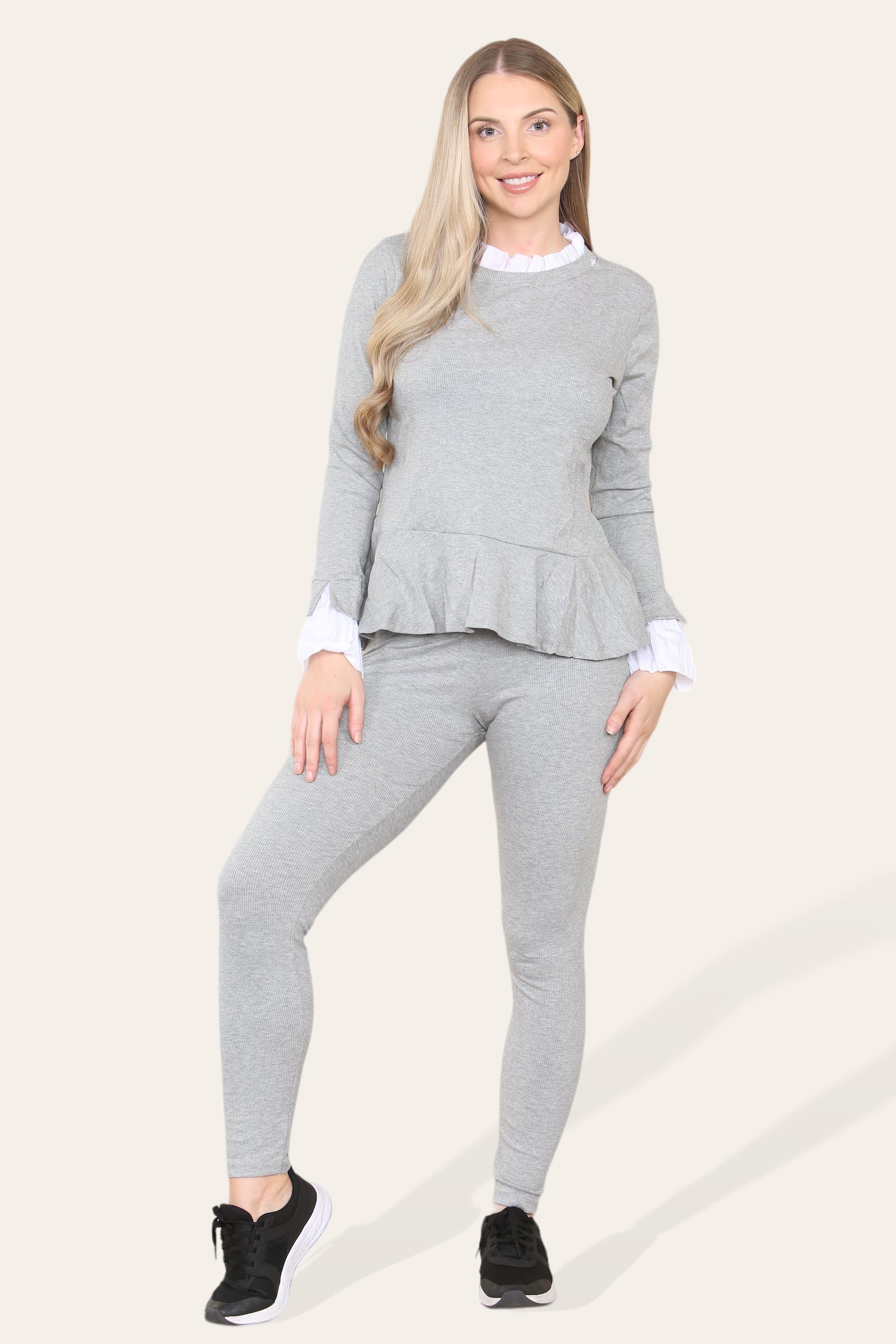 Peplum Frill Neck Suit Pleated Lounge Wear Set Loungewear WearAll Grey 8-10